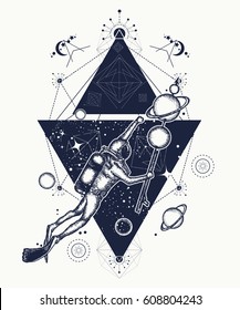 Diver floats in space tattoo art. Astronaut in deep space t-shirt design. Symbol of science, research, space travel 