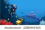 Diver with gear found treasure with gold. Snorkeling deep underwater near wreck or sunken ship in coral reef with sharks silhouette on background. Adventure and exprole sea world. Vector illustration
