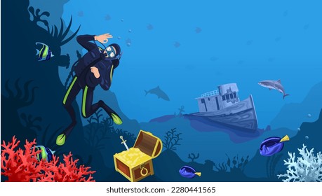 Diver with gear found treasure with gold. Snorkeling deep underwater near wreck or sunken ship in coral reef with sharks silhouette on background. Adventure and exprole sea world. Vector illustration