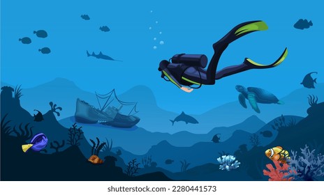 Diver with gear found wreck ship. Snorkeling deep underwater seascape near sunken boat in coral reef with sharks and turtle. Biologist explore seabed of sea and ocean world. Flat Vector illustration