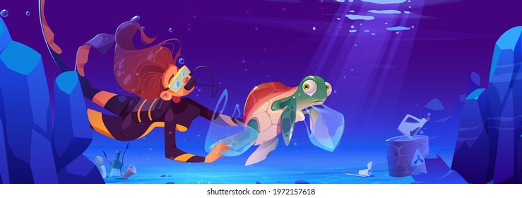 Diver girl help underwater animals living in polluted water with plastic garbage. Wastes floating in sea. Save our ocean, ecology protection, pollution concept, Cartoon vector illustration