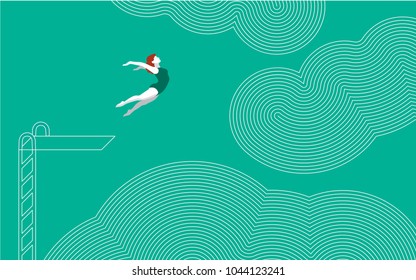 diver girl jumping into the clouds