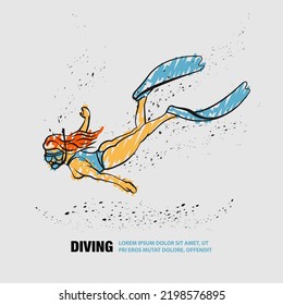 Diver girl linear silhouette in underwater space. Vector outline of diving illustration with scribble doodles style drawing.