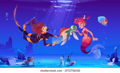 Diver girl and mermaid help underwater animals living in polluted water with plastic garbage. Wastes floating in sea. Save our ocean, ecology protection, pollution concept, Cartoon vector illustration