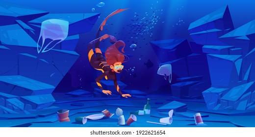 Diver girl in ocean with plastic garbage on bottom. Sea water with different kinds of garbage. Wastes floating in water. Ecology protection, underwater pollution concept, Cartoon vector illustration