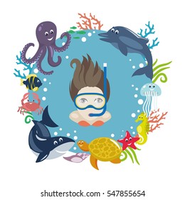 Diver girl and round decorative frame consisting of underwater animals, seaweed and corals flat vector illustration