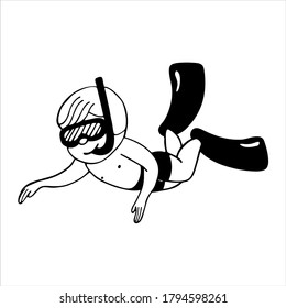 Diver, hand drawn isolated vector illustration in black and white
