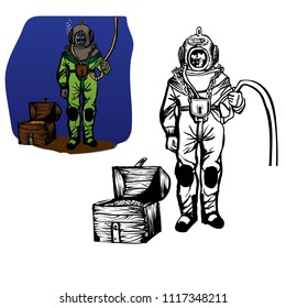 A diver in heavy equipment    chest and treasures   coins  Two options  Monochrome   color   Hand drawing vector illustration 