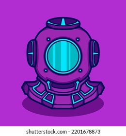 Diver helmet in neon cyberpunk style vector design  Scuba diving art illustration 