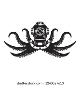 Diver helmet with octopus tentacles. Design element for poster, card, banner, emblem, t shirt. Vector illustration