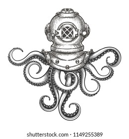Diver helmet with octopus tentacles drawn in tattoo style. Vector Illustration.
