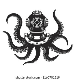 diver helmet with octopus tentacles isolated on white background. Design elements for poster, t-shirt. Vector illustration.