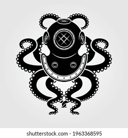 Diver helmet with octopus tentacles isolated on white background. Vector illustration