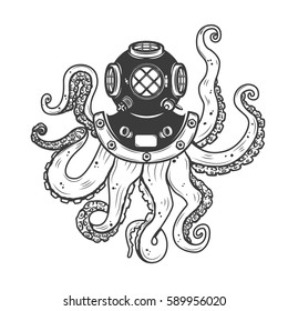diver helmet with octopus tentacles isolated on white background. Design elements for poster, t-shirt. Vector illustration.