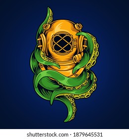 Diver helmet octopus vector illustration