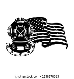Diver helmet on usa flag background. Design element for poster, card, banner, design. Vector illustration