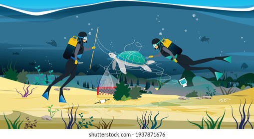 A diver is helping out a net that wraps sea turtles.