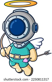 The diver holding a ancient and wearing cupid costume of illustration