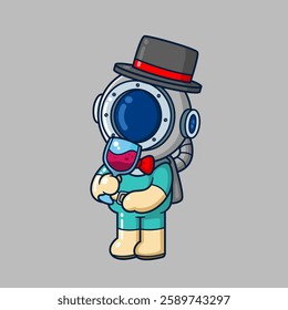 diver holding a drinking glass and wearing a magician's hat of illustration