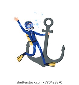 Diver holding onto large old anchor. Underwater adventure. Cartoon man character in special diving costume, mask, flippers and equipment for breathing on back. Flat vector