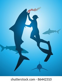 The diver the hunter pierces a shark with a knife