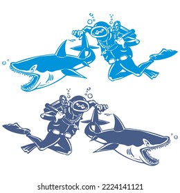 A Diver Hunts A Shark Vector Illustration
