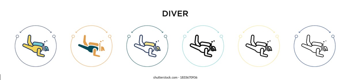 Diver icon in filled, thin line, outline and stroke style. Vector illustration of two colored and black diver vector icons designs can be used for mobile, ui, web