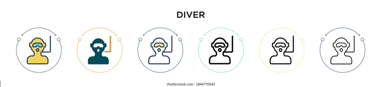 Diver icon in filled, thin line, outline and stroke style. Vector illustration of two colored and black diver vector icons designs can be used for mobile, ui, web