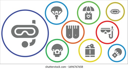diver icon set. 9 filled diver icons. Included Snorkel, Parachute, Oxygen tank, Flippers, Diving mask icons