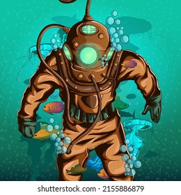 diver into the deep sea vector illustration