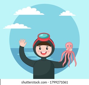 Diver Isolated Icon Portrait Of Diver In Diving Mask Holding Octopus At Background Of Sea And Sky, Underwater Summer Activity, Diving Tourism, Man Going To Dive, Snorkeling Leisure Or Hobby Concept