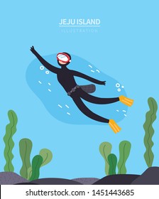 The diver of Jeju Island. Hand-drawn illustration