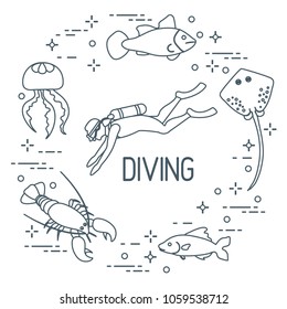 Diver, jellyfish, lobster, stingray, fish. Sports and recreation theme. 