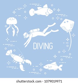 Diver, jellyfish, lobster, stingray, fish. Sports and recreation theme. 