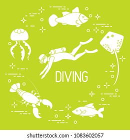 Diver, jellyfish, lobster, stingray, fish. Sports and recreation theme. 