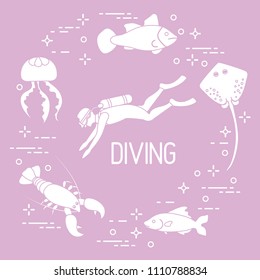 Diver, jellyfish, lobster, stingray, fish. Sports and recreation theme. 