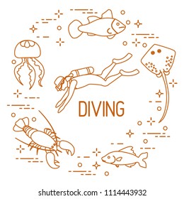 Diver, jellyfish, lobster, stingray, fish. Sports and recreation theme. 