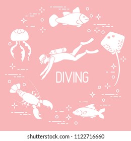 Diver, jellyfish, lobster, stingray, fish. Sports and recreation theme. 