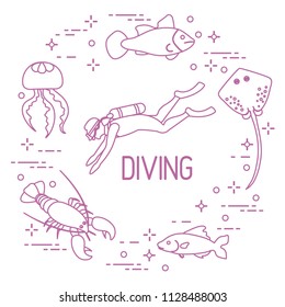 Diver, jellyfish, lobster, stingray, fish. Sports and recreation theme. 