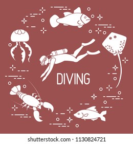 Diver, jellyfish, lobster, stingray, fish. Sports and recreation theme. 