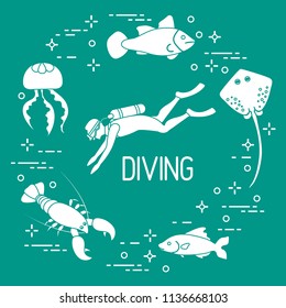 Diver, jellyfish, lobster, stingray, fish. Sports and recreation theme. 
