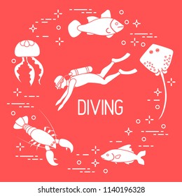 Diver, jellyfish, lobster, stingray, fish. Sports and recreation theme. 