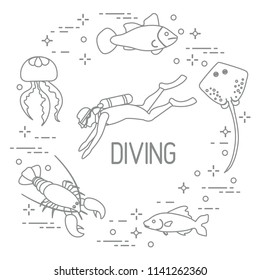 Diver, jellyfish, lobster, stingray, fish. Sports and recreation theme. 