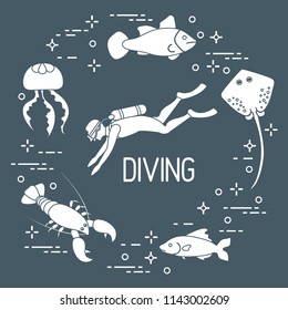Diver, jellyfish, lobster, stingray, fish. Sports and recreation theme. 