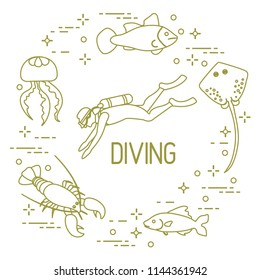 Diver, jellyfish, lobster, stingray, fish. Sports and recreation theme. 