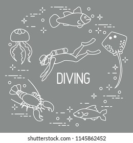 Diver, jellyfish, lobster, stingray, fish. Sports and recreation theme. 