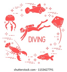 Diver, jellyfish, lobster, stingray, fish. Sports and recreation theme. 