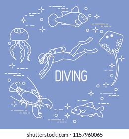 Diver, jellyfish, lobster, stingray, fish. Sports and recreation theme. 