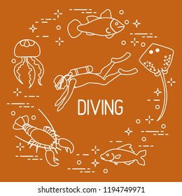 Diver, jellyfish, lobster, stingray, fish. Sports and recreation theme. 