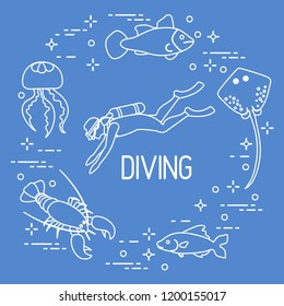 Diver, jellyfish, lobster, stingray, fish. Sports and recreation theme. 